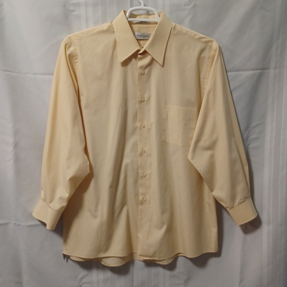 Van Heusen Dress Shirt Mens XL 17 32/33 Yellow Wrinkle‎ Free Poplin Button Down